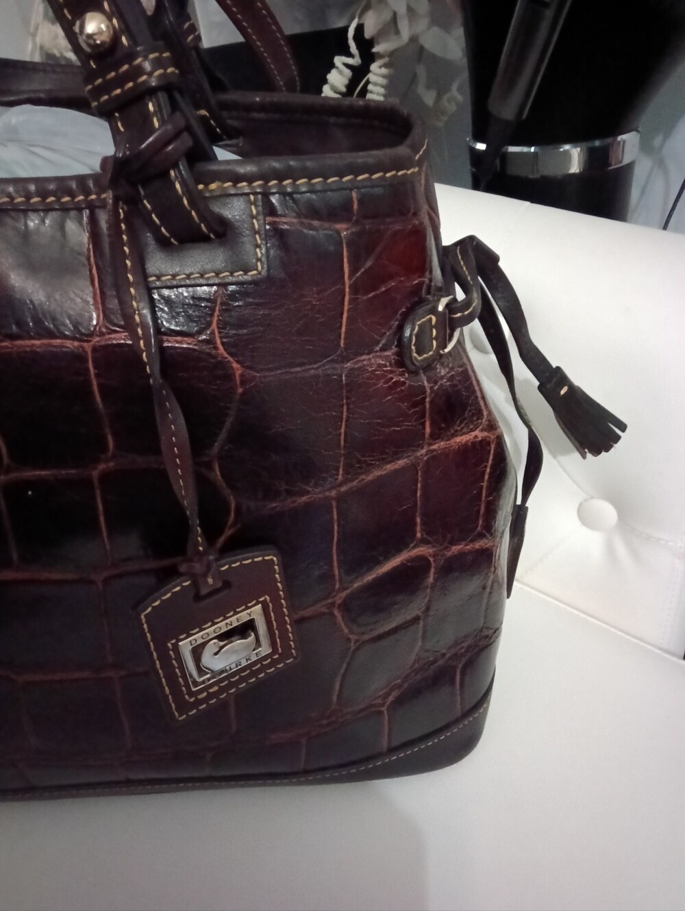 Dooney & Bourke Classic Croc-Embossed Brown Leather Satchel - Picture 2 of 15